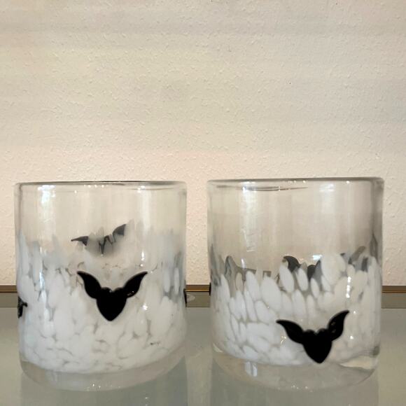 Set of 4 BLACK BAT Double Old Fashioned Glasses 4in Halloween Barware New - Picture 2 of 13